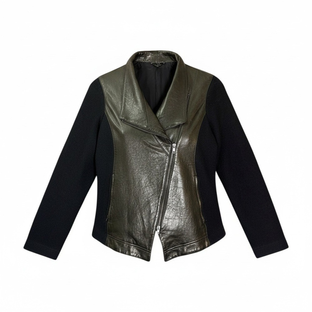 Eileen Fisher Wool Leather Moto Jacket S Black Asymmetrical Modern Zip Up - Picture 1 of 11
